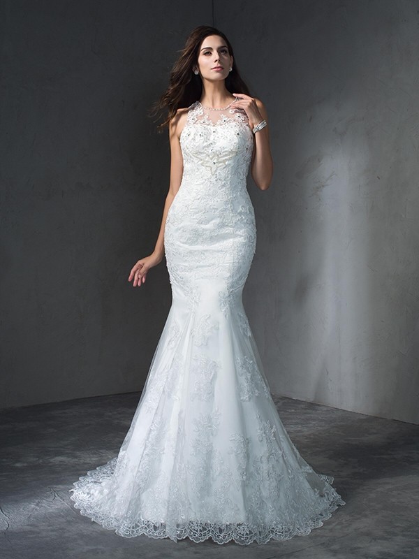 Trumpet/Mermaid Scoop Applique Sleeveless Long Lace Wedding Dresses 1627