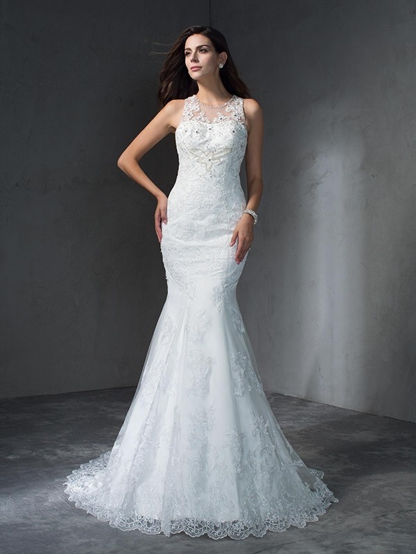 Trumpet/Mermaid Scoop Applique Sleeveless Long Lace Wedding Dresses 1627