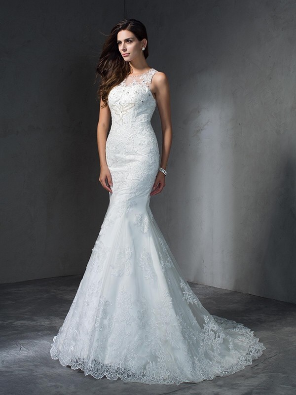 Trumpet/Mermaid Scoop Applique Sleeveless Long Lace Wedding Dresses 1627