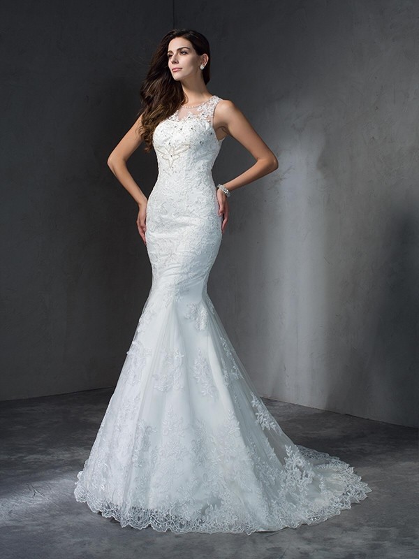 Trumpet/Mermaid Scoop Applique Sleeveless Long Lace Wedding Dresses 1627