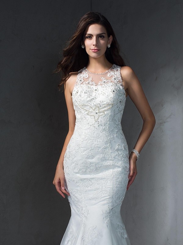 Trumpet/Mermaid Scoop Applique Sleeveless Long Lace Wedding Dresses 1627