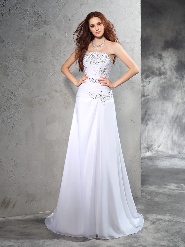 Sheath/Column Strapless Beading Sleeveless Long Chiffon Wedding Dresses 1450