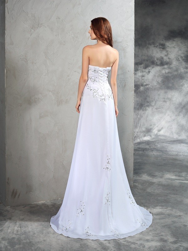 Sheath/Column Strapless Beading Sleeveless Long Chiffon Wedding Dresses 1450