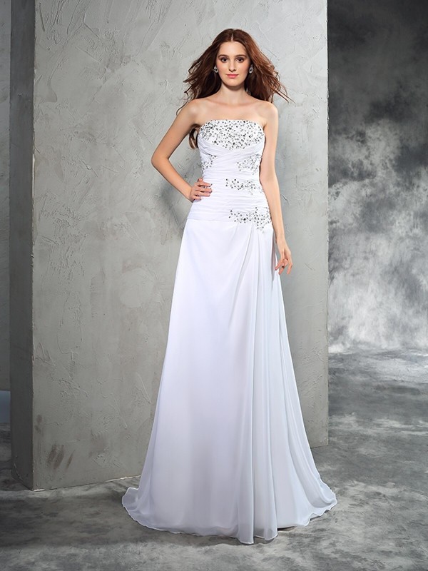 Sheath/Column Strapless Beading Sleeveless Long Chiffon Wedding Dresses 1450