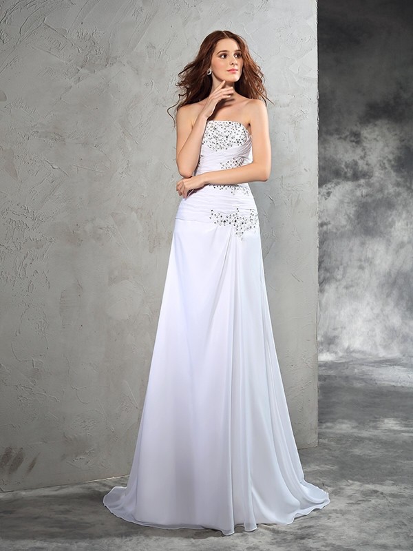 Sheath/Column Strapless Beading Sleeveless Long Chiffon Wedding Dresses 1450