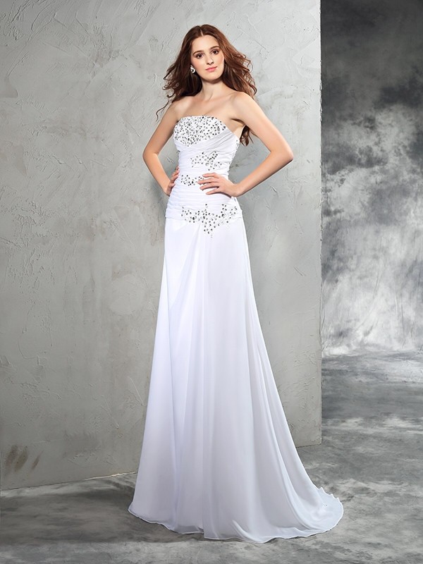 Sheath/Column Strapless Beading Sleeveless Long Chiffon Wedding Dresses 1450