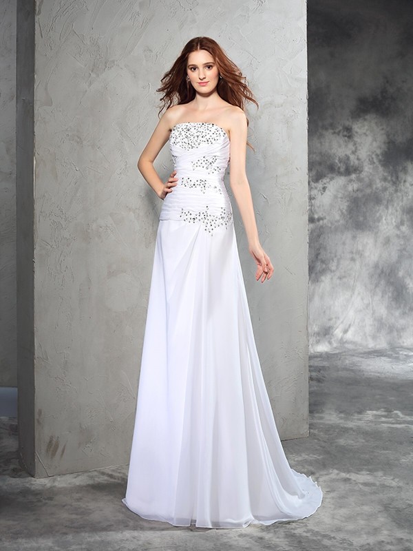 Sheath/Column Strapless Beading Sleeveless Long Chiffon Wedding Dresses 1450