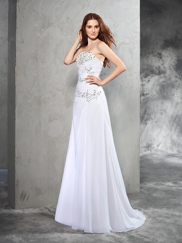 Sheath/Column Strapless Beading Sleeveless Long Chiffon Wedding Dresses 1450