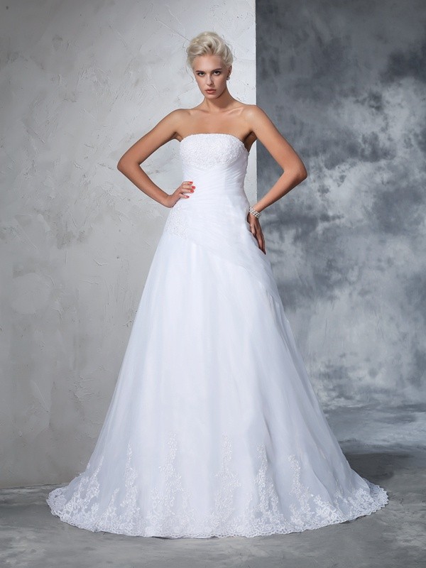 Ball Gown Strapless Applique Sleeveless Long Net Wedding Dresses 1909