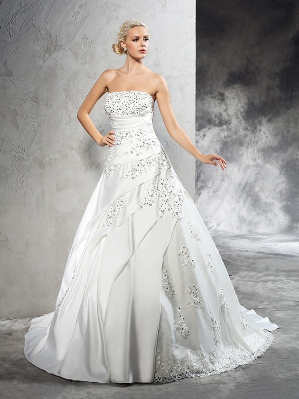 Ball Gown Strapless Beading Sleeveless Long Satin Wedding Dresses 1916