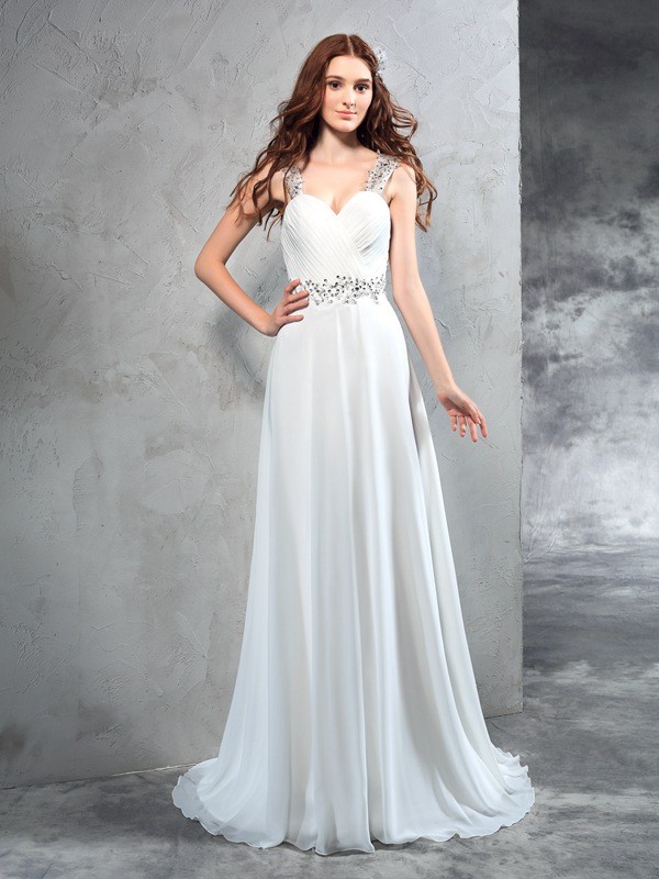 A-Line/Princess Sweetheart Pleats Sleeveless Long Chiffon Wedding Dresses 1843