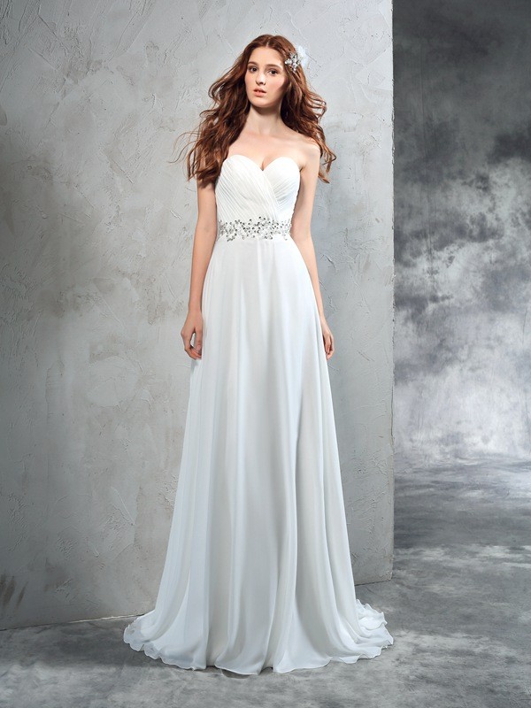 A-Line/Princess Sweetheart Pleats Sleeveless Long Chiffon Wedding Dresses 1843