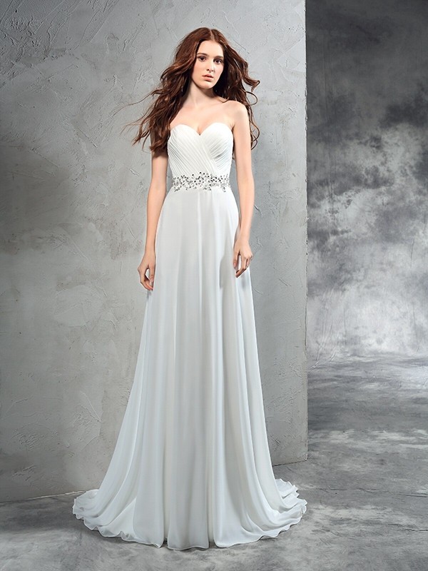 A-Line/Princess Sweetheart Pleats Sleeveless Long Chiffon Wedding Dresses 1843