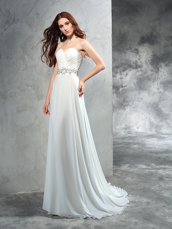 A-Line/Princess Sweetheart Pleats Sleeveless Long Chiffon Wedding Dresses 1843