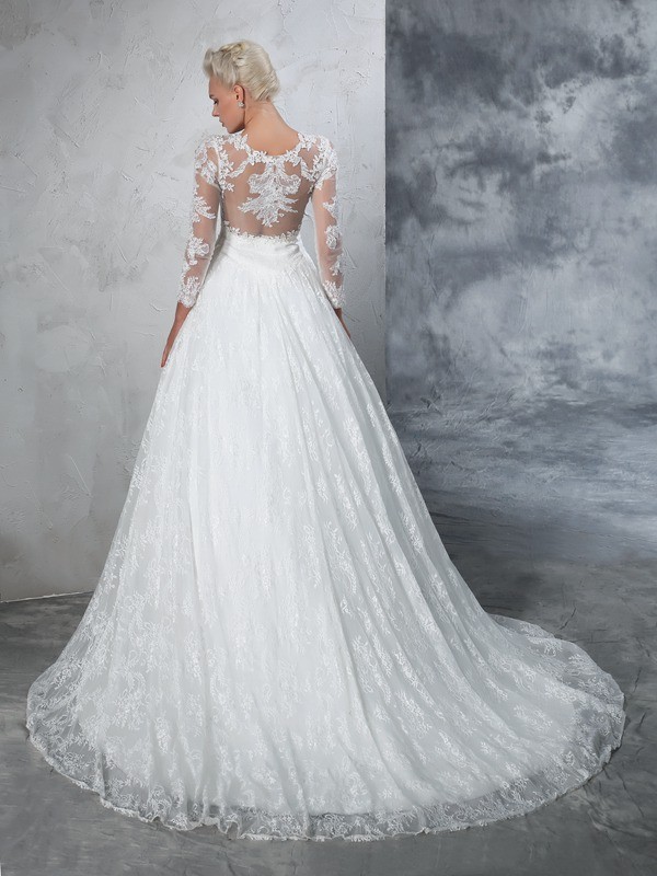 Ball Gown Jewel Lace Long Sleeves Long Lace Wedding Dresses 1898