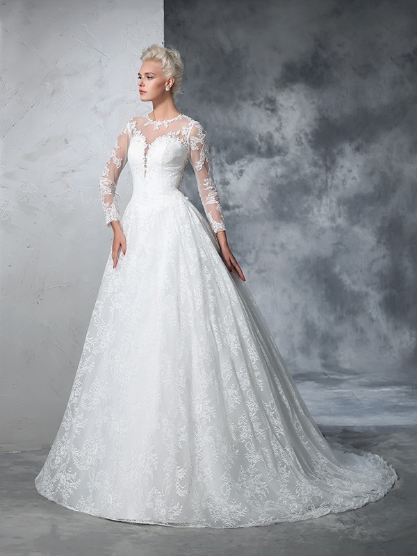 Ball Gown Jewel Lace Long Sleeves Long Lace Wedding Dresses 1898