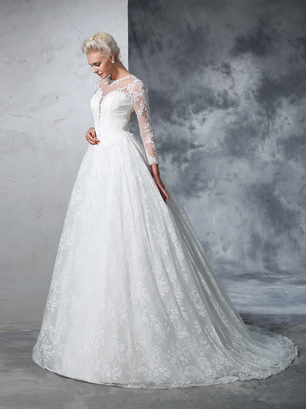 Ball Gown Jewel Lace Long Sleeves Long Lace Wedding Dresses 1898