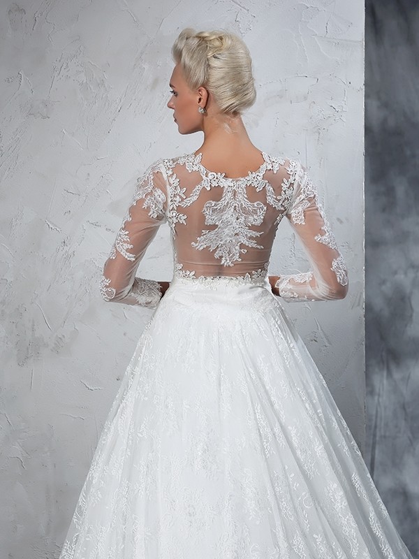 Ball Gown Jewel Lace Long Sleeves Long Lace Wedding Dresses 1898