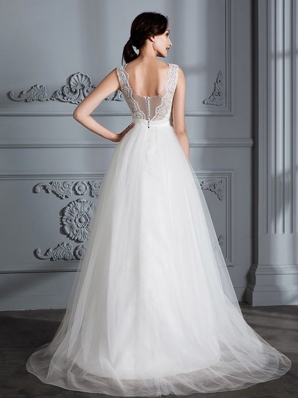 A-Line/Princess Sleeveless V-neck Sweep/Brush Train Tulle Wedding Dresses 918