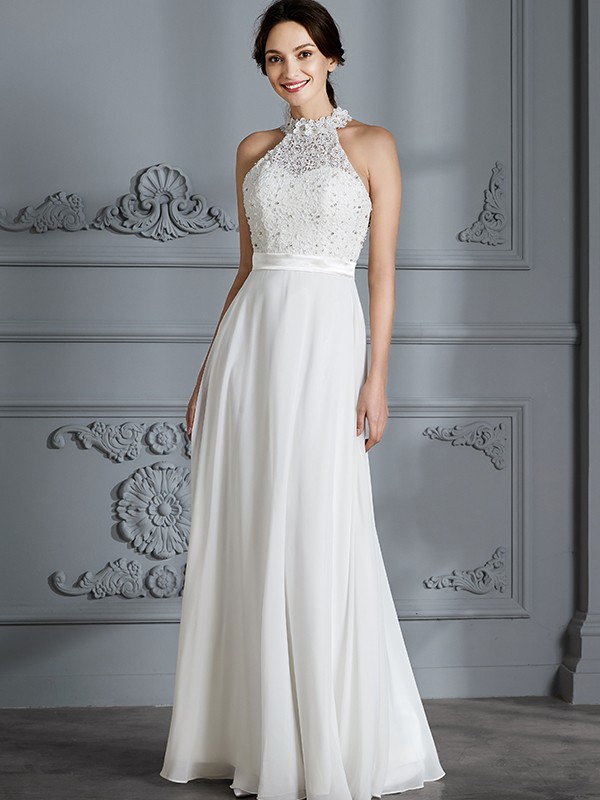 A-Line/Princess Scoop Sleeveless Floor-Length Chiffon Wedding Dresses 879