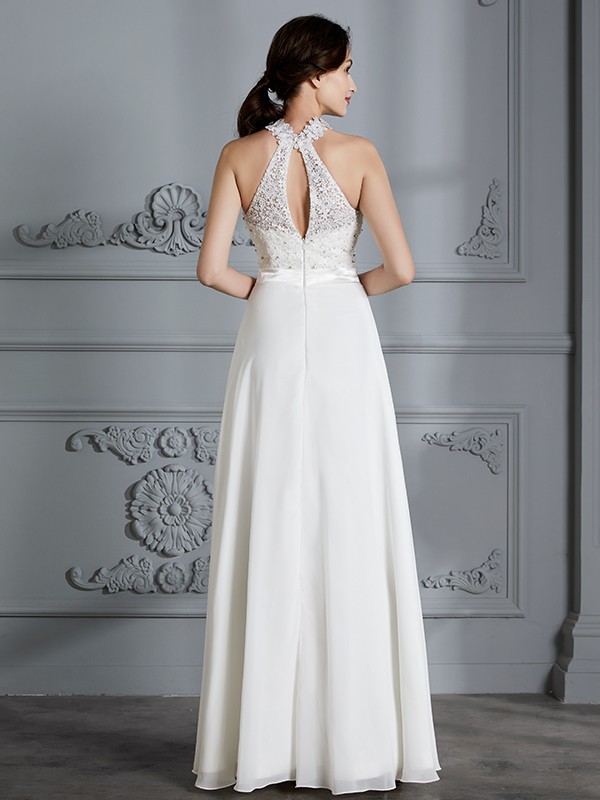 A-Line/Princess Scoop Sleeveless Floor-Length Chiffon Wedding Dresses 879