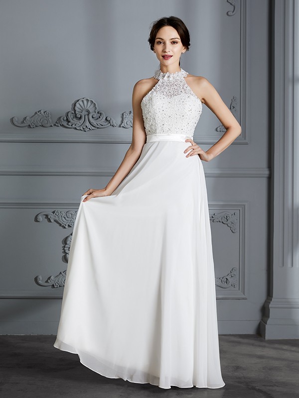 A-Line/Princess Scoop Sleeveless Floor-Length Chiffon Wedding Dresses 879