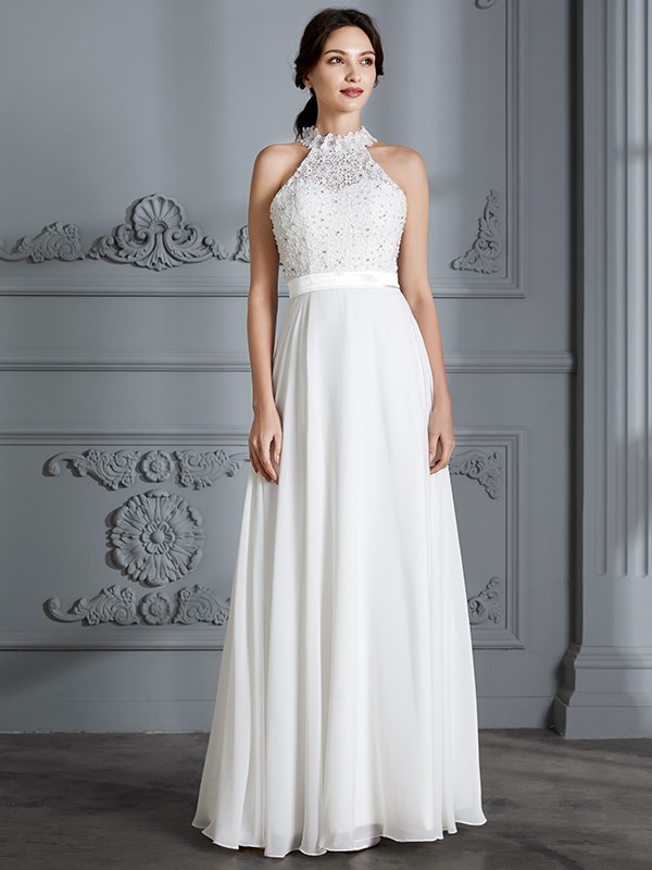 A-Line/Princess Scoop Sleeveless Floor-Length Chiffon Wedding Dresses 879