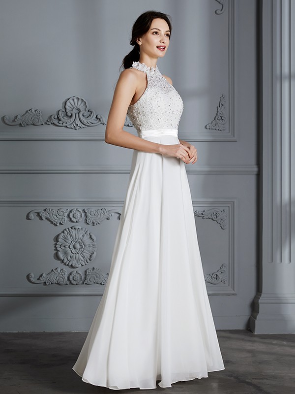 A-Line/Princess Scoop Sleeveless Floor-Length Chiffon Wedding Dresses 879