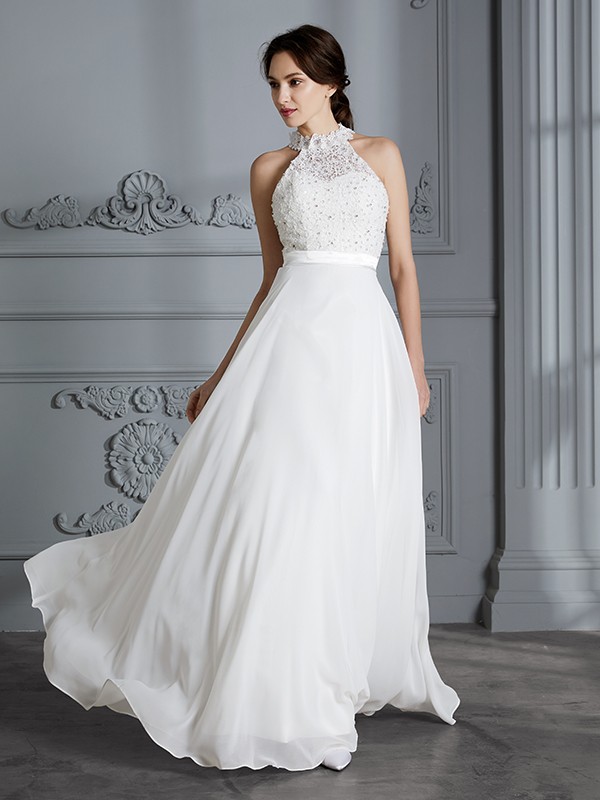 A-Line/Princess Scoop Sleeveless Floor-Length Chiffon Wedding Dresses 879