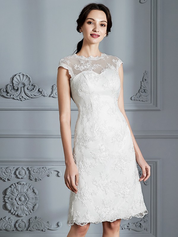 A-Line/Princess Sleeveless Scoop Knee-Length Lace Satin Wedding Dresses 901