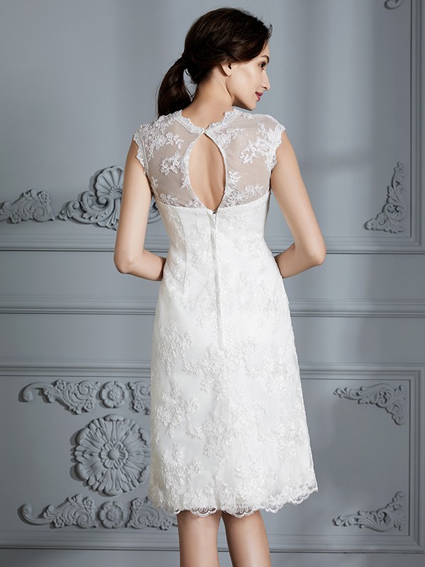 A-Line/Princess Sleeveless Scoop Knee-Length Lace Satin Wedding Dresses 901