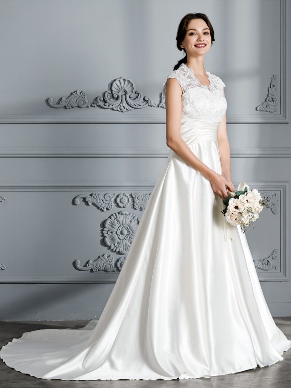 Ball Gown V-neck Sleeveless Court Train Satin Wedding Dresses 1336