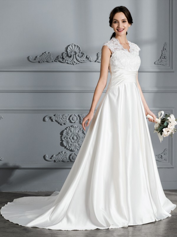 Ball Gown V-neck Sleeveless Court Train Satin Wedding Dresses 1336