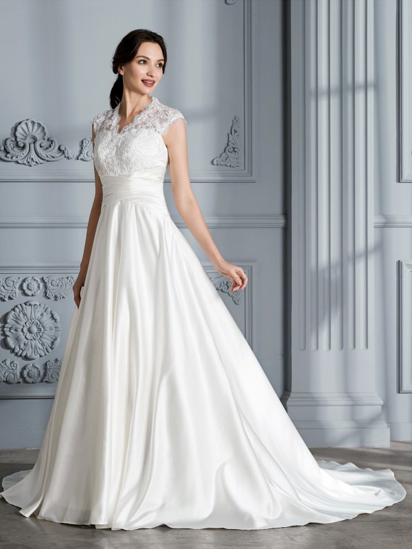 Ball Gown V-neck Sleeveless Court Train Satin Wedding Dresses 1336