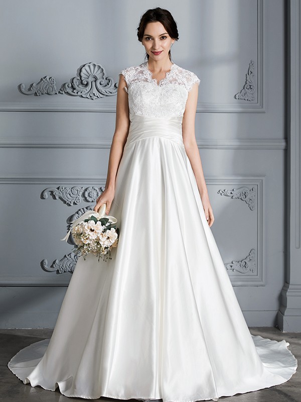 Ball Gown V-neck Sleeveless Court Train Satin Wedding Dresses 1336