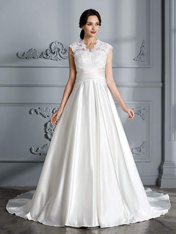 Ball Gown V-neck Sleeveless Court Train Satin Wedding Dresses 1336