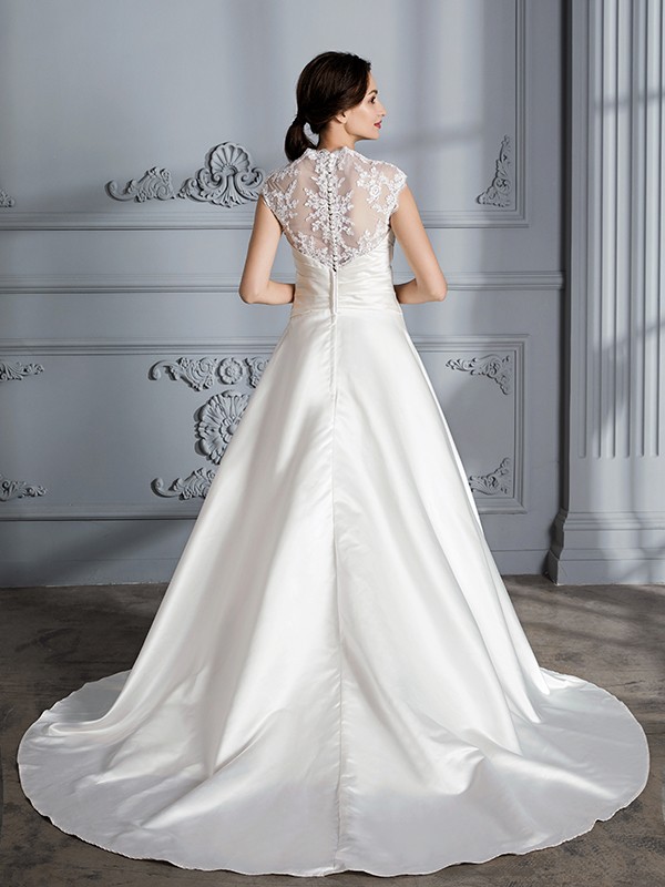 Ball Gown V-neck Sleeveless Court Train Satin Wedding Dresses 1336