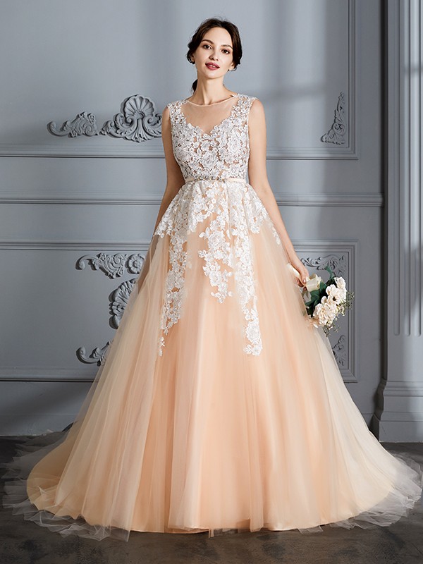 Ball Gown Scoop Sleeveless Court Train Tulle Wedding Dresses 1239