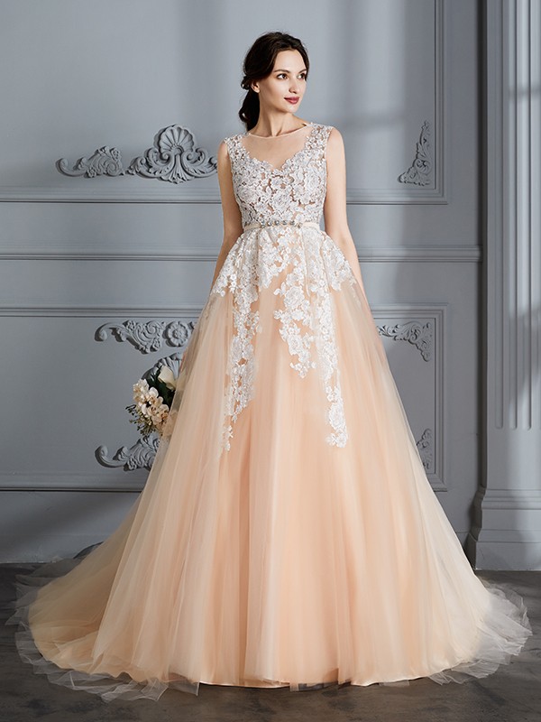 Ball Gown Scoop Sleeveless Court Train Tulle Wedding Dresses 1239