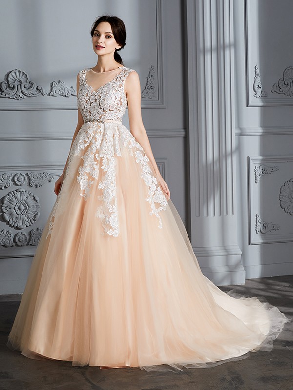 Ball Gown Scoop Sleeveless Court Train Tulle Wedding Dresses 1239