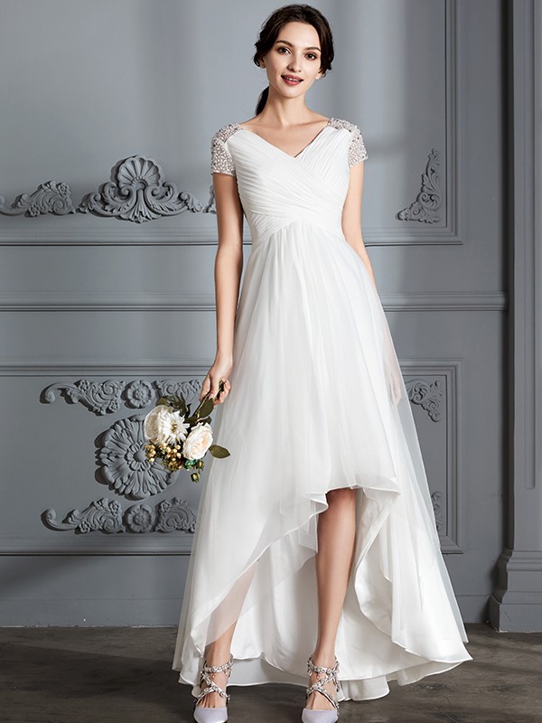 A-Line/Princess V-neck Short Sleeves Asymmetrical Tulle Wedding Dresses 1145