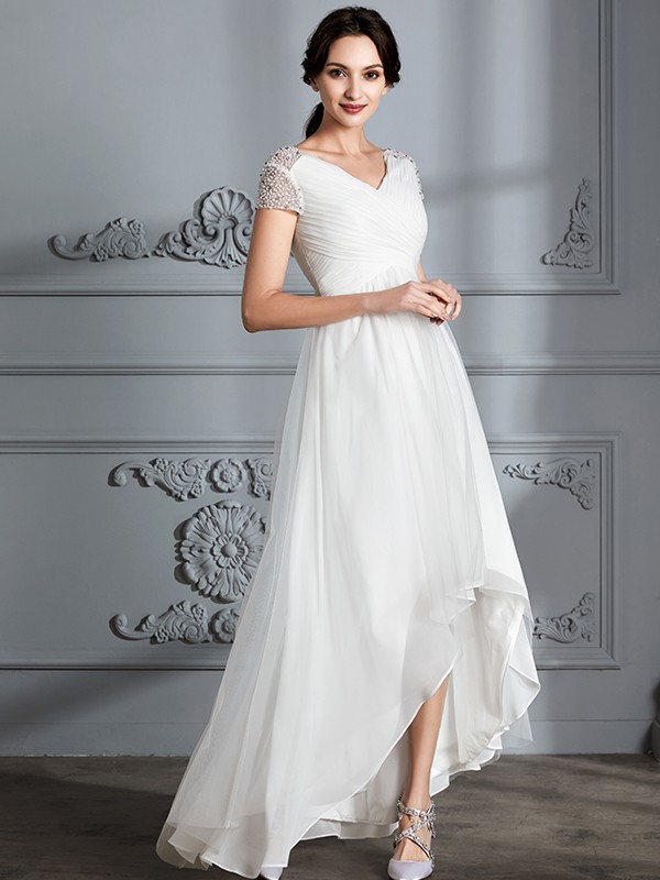 A-Line/Princess V-neck Short Sleeves Asymmetrical Tulle Wedding Dresses 1145