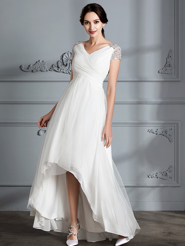 A-Line/Princess V-neck Short Sleeves Asymmetrical Tulle Wedding Dresses 1145