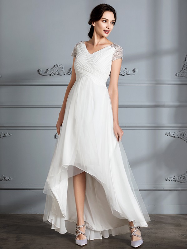 A-Line/Princess V-neck Short Sleeves Asymmetrical Tulle Wedding Dresses 1145