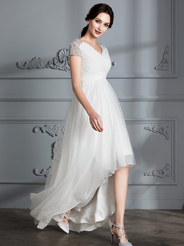 A-Line/Princess V-neck Short Sleeves Asymmetrical Tulle Wedding Dresses 1145