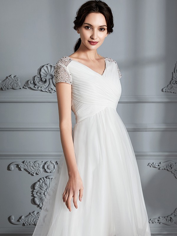 A-Line/Princess V-neck Short Sleeves Asymmetrical Tulle Wedding Dresses 1145