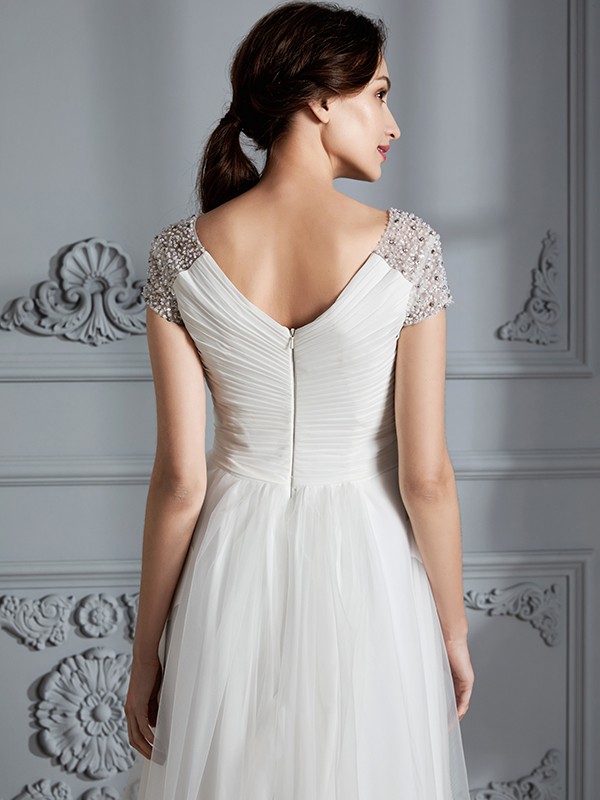 A-Line/Princess V-neck Short Sleeves Asymmetrical Tulle Wedding Dresses 1145