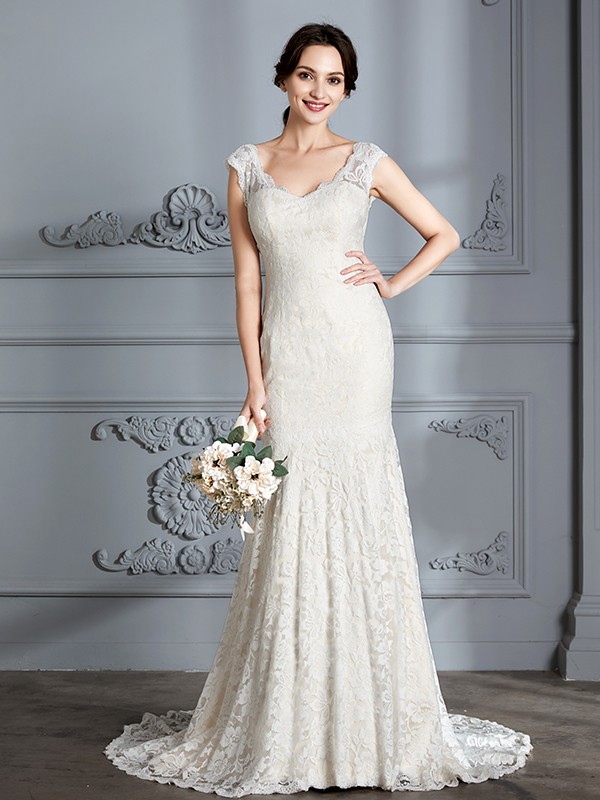 Trumpet/Mermaid Sleeveless V-Neck Lace Sweep/Brush Train Wedding Dresses 1662