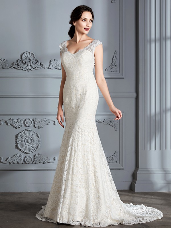 Trumpet/Mermaid Sleeveless V-Neck Lace Sweep/Brush Train Wedding Dresses 1662