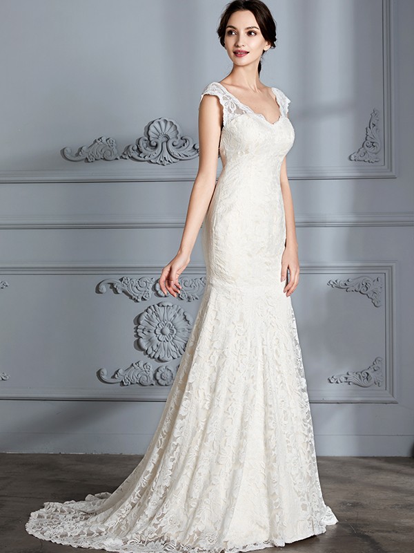 Trumpet/Mermaid Sleeveless V-Neck Lace Sweep/Brush Train Wedding Dresses 1662